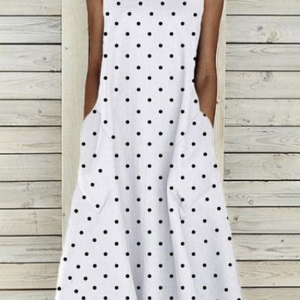 Women Polka Dots Sleeveless Summer Printing Dress Crew Neck Daily Casual Maxi Fit & Flare Dress H-Line Dress, JustFashionNow Casual Dresses, color:White|size:3XL,