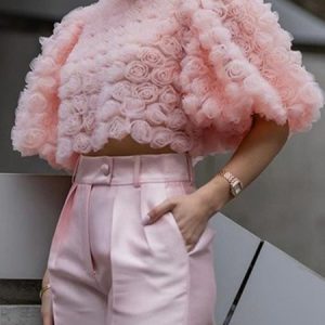 Urban Plain 3D Floral Crew Neck Puff Sleeve Blouse, Blouses and Shirts, color:Pink|size:XXL, Stylewe