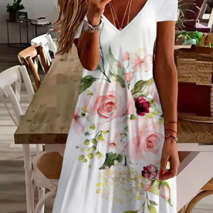 Women Floral Short Sleeve Summer Printing Dress V Neck Daily Casual Midi Fit & Flare Dress A-Line Dress, JustFashionNow Casual Dresses, color:White|size:5XL,
