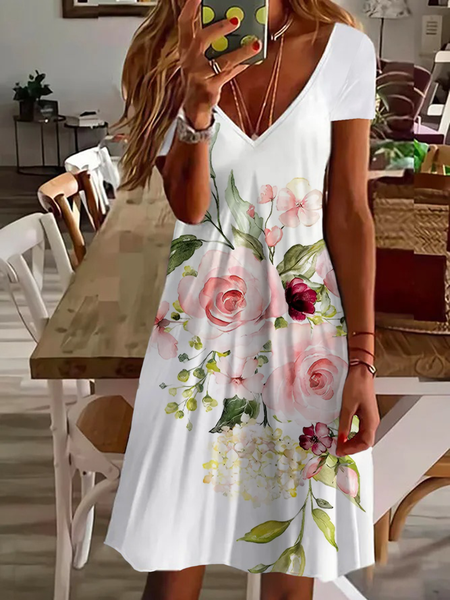 Women Floral Short Sleeve Summer Printing Dress V Neck Daily Casual Midi Fit & Flare Dress A-Line Dress, JustFashionNow Casual Dresses, color:White|size:5XL,