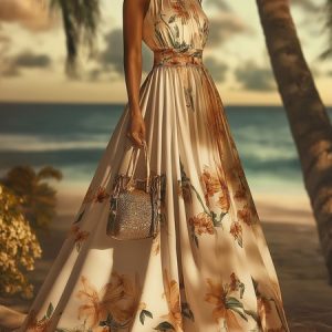 Vacation Floral Printing Mock Neck Maxi Dress, Maxi Dresses, color:As Picture|size:XXL, Stylewe