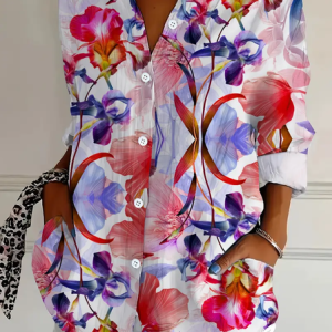 Women Floral Long Sleeve Shirt Spring/Fall Buckle Shirt Collar Daily Casual Top, JustFashionNow Shirts, color:As Picture|size:XXL,