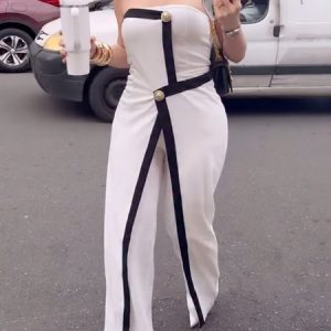 Urban Buttoned Color Block Strapless Tube Jumpsuit, Jumpsuits, color:White|size:XXL, Stylewe