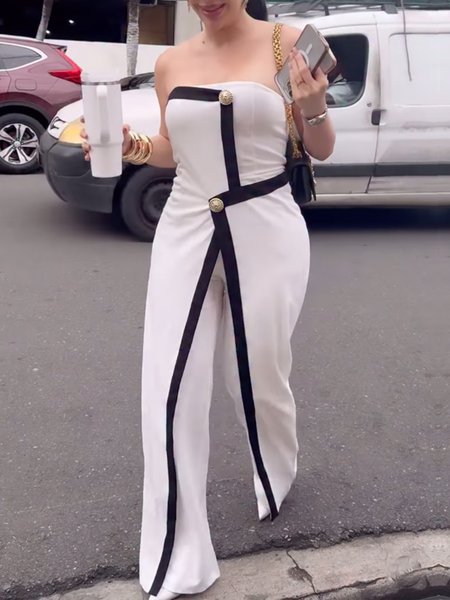 Urban Buttoned Color Block Strapless Tube Jumpsuit, Jumpsuits, color:White|size:XXL, Stylewe