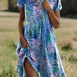 Women Floral Shirt Collar Short Sleeve Comfy Casual Midi Dress, Midi, color:Blue|size:4XL, catalog Noracora shop