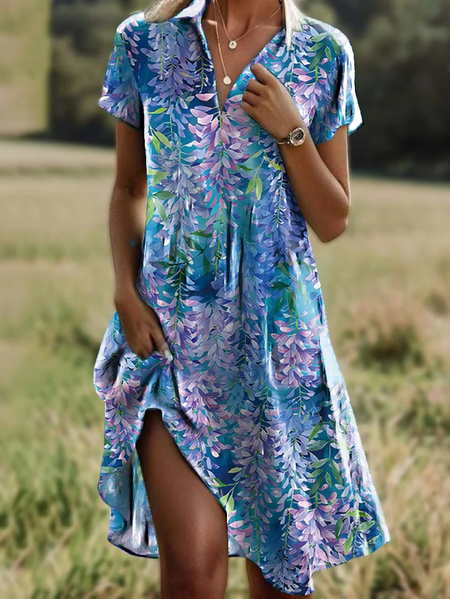 Women Floral Short Sleeve Summer Dress Shirt Collar Daily Casual Midi A-Line Dress, JustFashionNow Dresses, color:Blue|size:4XL,
