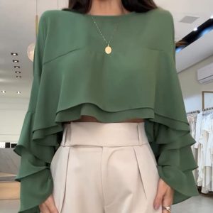 Round Neck Multi-Layer Ruffles Bell Sleeve Top Casual Hollow-out Back Layered Loose Fit Crop Top, women Tanks & Crop Tops, ChicMe catalog