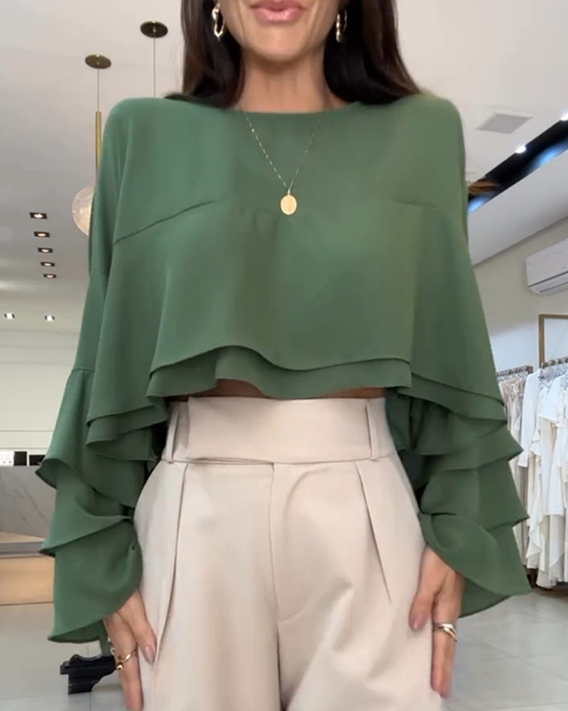 Round Neck Multi-Layer Ruffles Bell Sleeve Top Casual Hollow-out Back Layered Loose Fit Crop Top, women Tanks & Crop Tops, ChicMe catalog