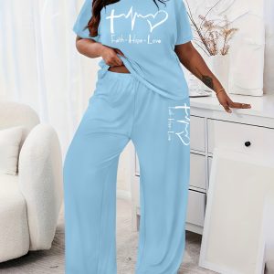 2 Piece Outfits Letter Print Casual Short Sleeve Tops and Wide Leg Pants Lounge Sets, women Loungewear, ChicMe catalog