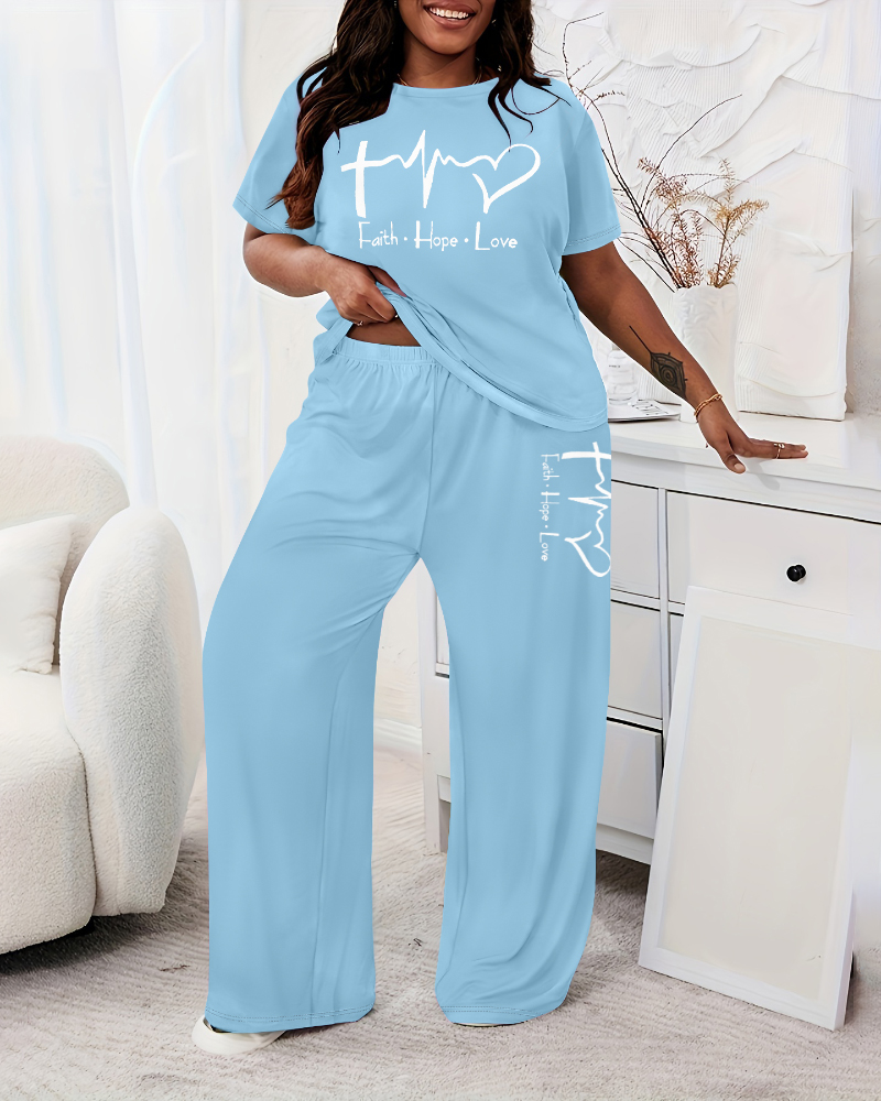 2 Piece Outfits Letter Print Casual Short Sleeve Tops and Wide Leg Pants Lounge Sets, women Loungewear, ChicMe catalog