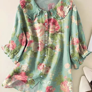 Shawl Collar Short Sleeve Floral Printing Regular Loose Button Up Shirt Shirt For Women, Shirts, color:Green|size:5XL, catalog Noracora shop