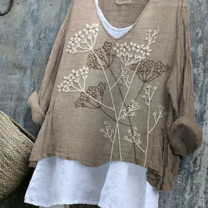 Women Floral Long Sleeve Blouse Spring/Fall Printing V Neck Daily Casual Top, JustFashionNow Blouses, color:Brown|size:4XL,