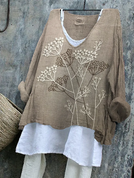 Women Floral Long Sleeve Blouse Spring/Fall Printing V Neck Daily Casual Top, JustFashionNow Blouses, color:Brown|size:4XL,
