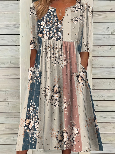 Women Floral Short Sleeve Summer Printing Dress V Neck Daily Casual Maxi Fit & Flare Dress H-Line Dress, JustFashionNow Casual Dresses, color:As Picture|size:4XL,