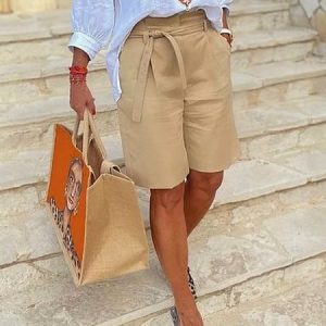 Regular Fit Plain Daily Casual Shorts With Belt, Shorts, color:Khaki|size:XXL, Stylewe
