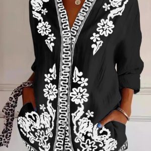 Women Ethnic Long Sleeve Shirt Spring/Fall Shirt Collar Daily Vintage Top, JustFashionNow Blouses, color:Black-white|size:XXL,