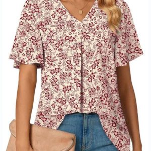 V Neck Short Sleeve Floral Regular Micro-Elasticity Regular Fit Shirt For Women, Shirts, color:Apricot|size:4XL, catalog Noracora shop