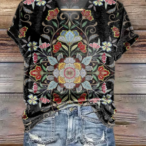 Women Floral Short Sleeve Tee T-shirt V Neck Casual Summer Graphic Tee Top, JustFashionNow T-Shirts, color:Black|size:XXL,
