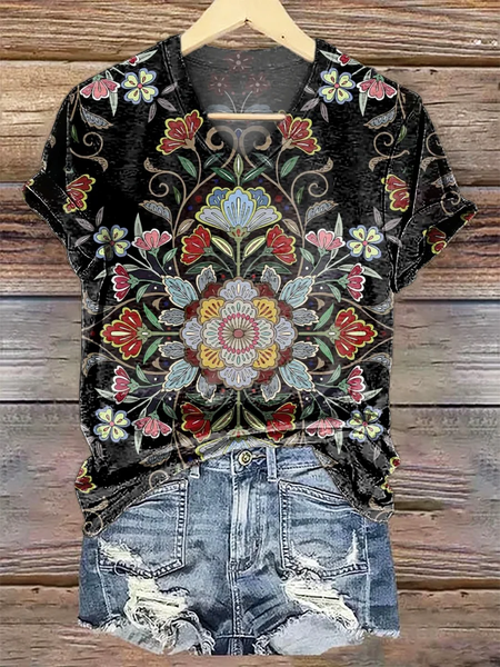 Women Floral Short Sleeve Tee T-shirt V Neck Casual Summer Graphic Tee Top, JustFashionNow T-Shirts, color:Black|size:XXL,