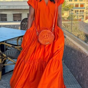 Plus Size Loose Pockets Plain Casual Short Sleeve Dress, Plus Dresses, color:Orange|size:4X, Stylewe
