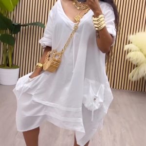 V-Neck Short Sleeve Asymmetrical Button Dress with Pocket, women Casual Dresses, ChicMe catalog