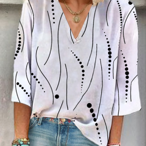 Women Polka Dots Three Quarter Sleeve Blouse Spring/Fall Printing V Neck Daily Casual Top, JustFashionNow Blouses, color:White|size:XXL,