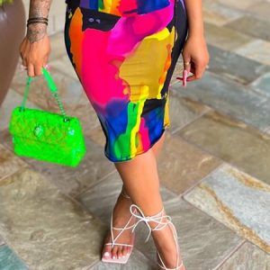 Casual Printing Random Print Knee Length Skirt, Skirts, color:As Picture|size:XXL, Stylewe
