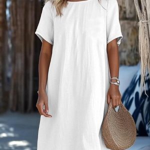Women Plain Crew Neck Short Sleeve Comfy Casual Midi Dress, Midi, color:White|size:4XL, catalog Noracora shop