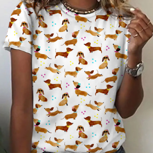 Women's Cute Dog Watercolor Print Cotton T-Shirt, T-shirts, Lilicloth.com