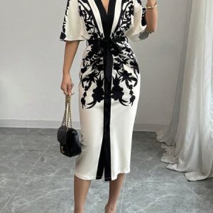 Elegant Floral Printing V Neck Midi Dress With Belt, Midi Dresses, color:Black|size:XS, Stylewe