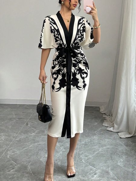 Elegant Floral Printing V Neck Midi Dress With Belt, Midi Dresses, color:Black|size:XS, Stylewe