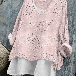 Vintage Paisley V Neck Long Sleeve T-shirt, T-shirts, color:Pink|size:4XL, catalog Noracora shop