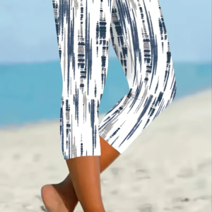 Women Abstract Stripes Capris Elastic Waist Pants Casual Summer Trousers, Leggings, color:White|size:XXL, catalog Noracora shop