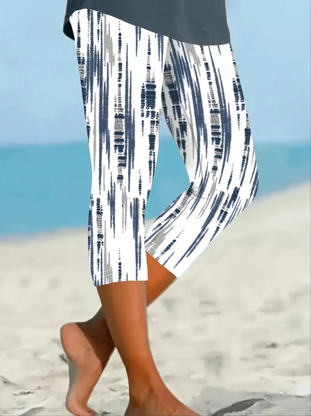 Women Abstract Stripes Capris Elastic Waist Pants Casual Summer Trousers, JustFashionNow Leggings, color:White|size:XXL,