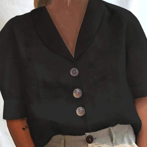 Shawl Collar Short Sleeve Contrast Stitching Buttoned Regular Loose TUNIC Blouse For Women, Blouses, color:Black|size:XXL, catalog Noracora shop