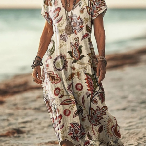 Vintage Ethnic Floral Pattern Comfy Maxi Dress, Dresses, color:As Picture|size:4XL, catalog Noracora shop