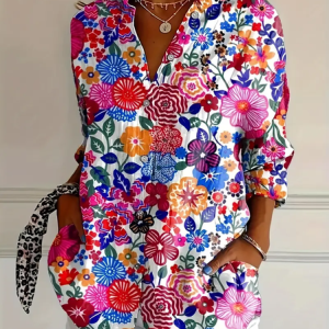 Women Floral Long Sleeve Shirt Spring/Fall Buckle Shirt Collar Daily Casual Top, JustFashionNow Shirts, color:Multicolor|size:XXL,