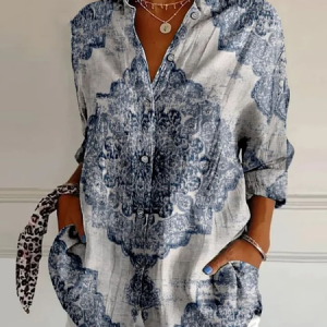 Women Floral Long Sleeve Shirt Spring/Fall Buckle Shirt Collar Daily Casual Top, JustFashionNow Shirts, color:Blue|size:4XL,