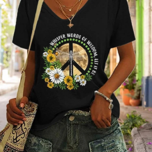 Casual Geometric V Neck Short Sleeve T-shirt, T-shirts, color:Black|size:4XL, catalog Noracora shop