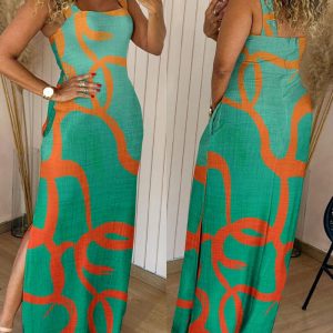Abstract Print Thick Strap U-neckline Slim Fit Slit Maxi Dress Vacation Dress with Pockets, women Maxi Dresses, ChicMe catalog