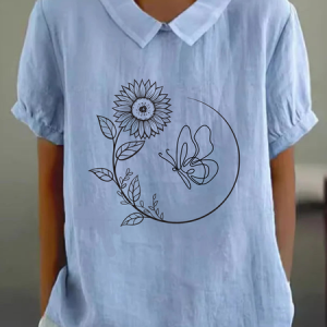 Casual Cotton Simple Floral Sunflower Butterfly Print Loose Blouse For Women, Blouses, color:Blue|size:4XL, catalog Noracora shop