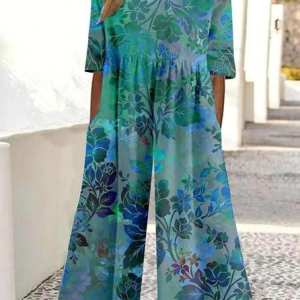 Women Floral Crew Neck Short Sleeve Casual Summer Jumpsuit, JustFashionNow Jumpsuits＆Rompers, color:Green|size:3XL,