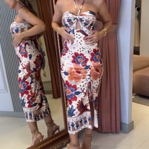 Tropical Print Halter Sleeveless Dress Sexy Backless Tied Detail Dress, women Print Dresses, ChicMe catalog