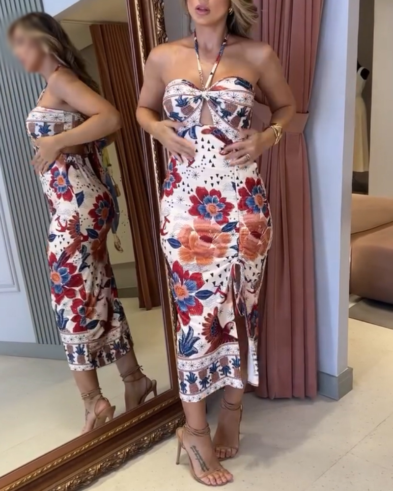 Tropical Print Halter Sleeveless Dress Sexy Backless Tied Detail Dress, women Print Dresses, ChicMe catalog