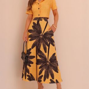 2 Pieces Outfit Notched Collar Button Front Crop Top and Tropical Print High Waist Maxi Dress Set, women Two-piece Sets, ChicMe catalog