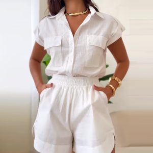 Turn-down Collar Short Sleeve Shirt Button Shorts Set with Pocket, women Two-piece Sets, ChicMe catalog