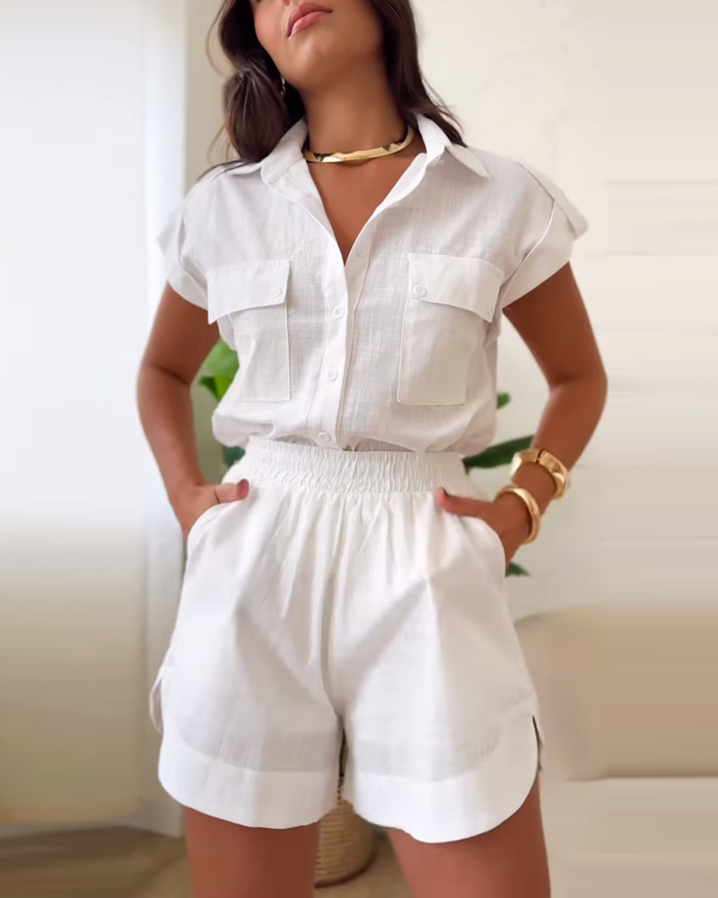 Turn-down Collar Short Sleeve Shirt Button Shorts Set with Pocket, women Two-piece Sets, ChicMe catalog