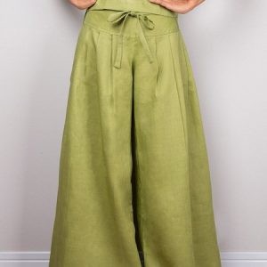 Casual Plain Cotton And Linen Wide Leg Fashion Pants, Pants, color:Green|size:XXL, Stylewe