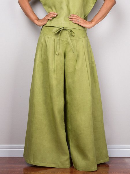 Casual Plain Cotton And Linen Wide Leg Fashion Pants, Pants, color:Green|size:XXL, Stylewe