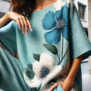 Casual Floral Printing Loosen Crew Neck Raglan Sleeve Blouse, Blouses and Shirts, color:As Picture|size:XXL, Stylewe